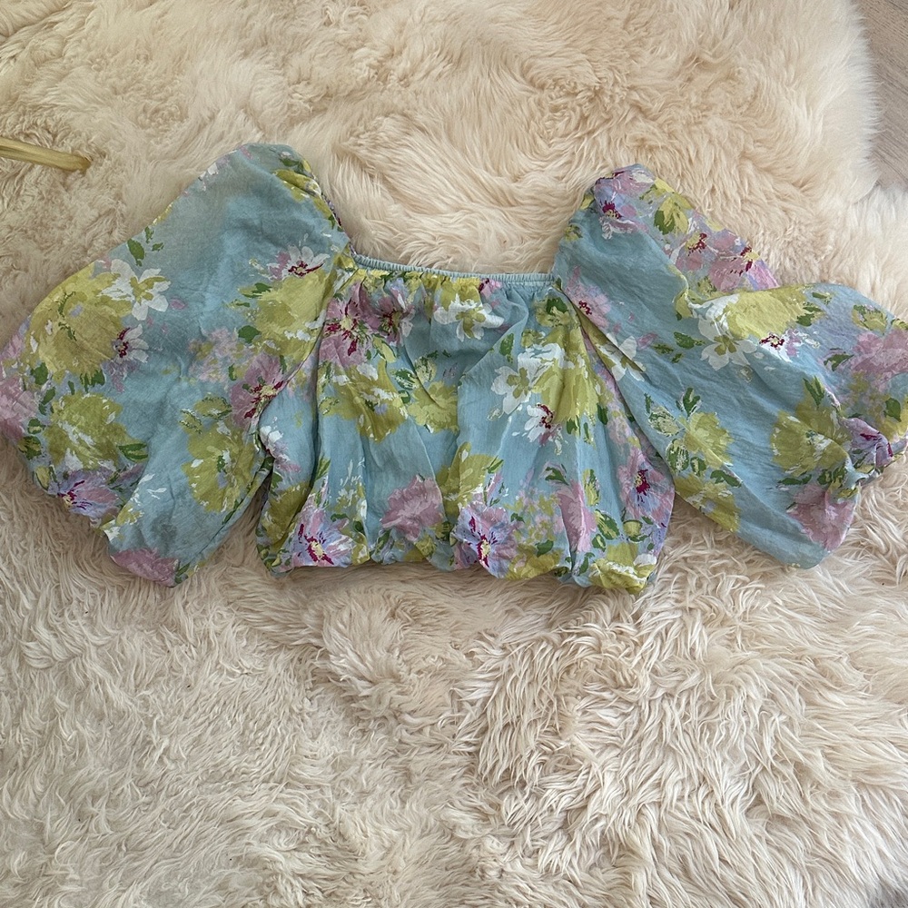 Calypso St. Barth Floral Puff Sleeve Blouse - Blue and Green
